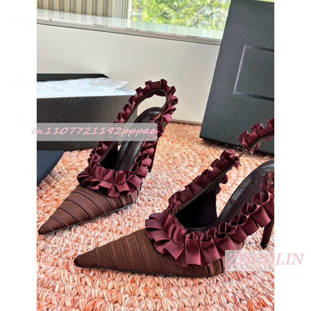 Slingback Heel Formal - 슬링백 힐 버건디 플리츠 새틴 러플