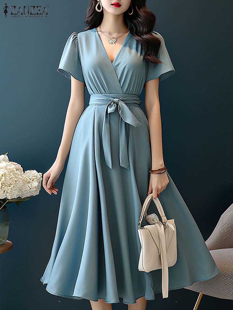 ZANZEA 2024 우아한 반팔 A 라인 드레스 여성 - Women Formal Wear Zara 리뷰 및 가격