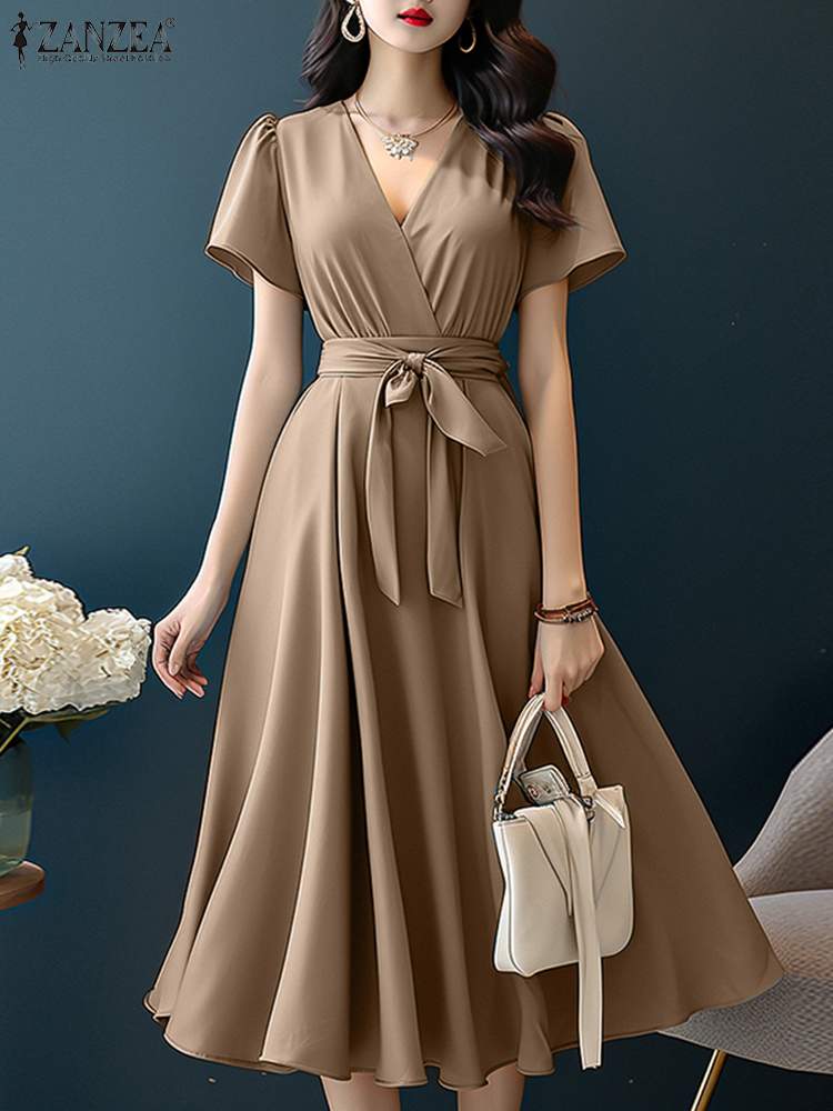 ZANZEA 2024 우아한 반팔 A 라인 드레스 여성 - Women Formal Wear Zara 리뷰 및 가격