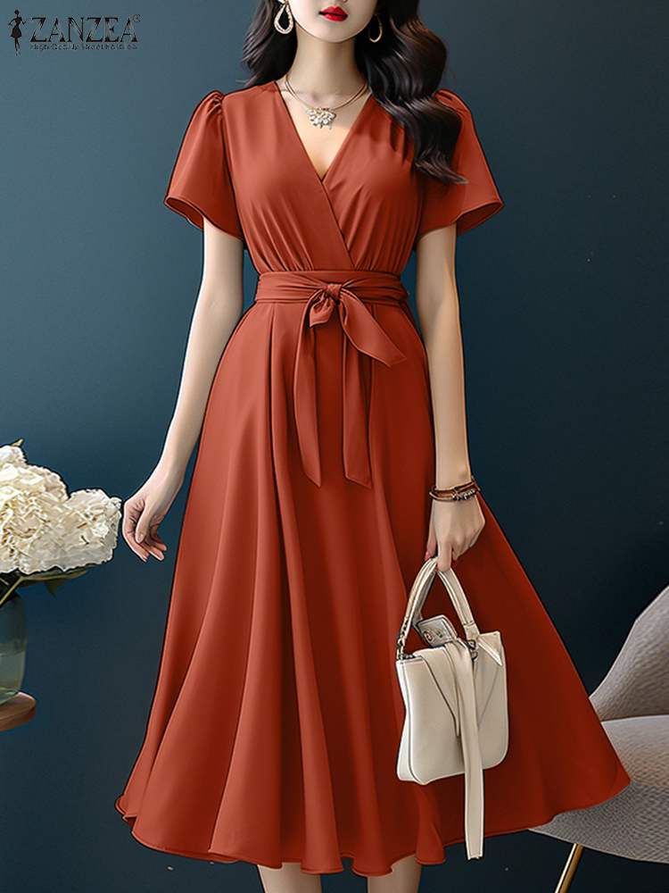 ZANZEA 2024 우아한 반팔 A 라인 드레스 여성 - Women Formal Wear Zara 리뷰 및 가격