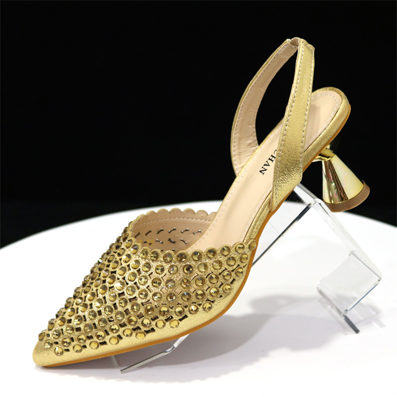 반짝이는 금색 라인스톤 슈즈 & 버킷백 세트 |   뾰 - Slingback Heel Formal 리뷰 및 가격